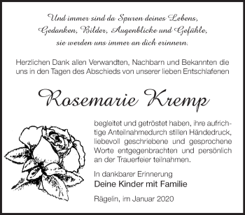 Traueranzeige von Rosemarie Kremp von Märkische Oderzeitung