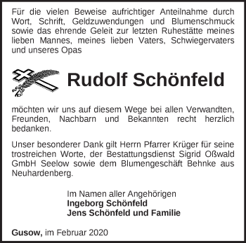 Traueranzeige von Rudolf Schönfeld von Märkische Oderzeitung