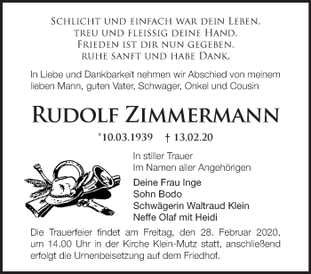 Traueranzeige von Rudolf Zimmermann von Märkische Oderzeitung