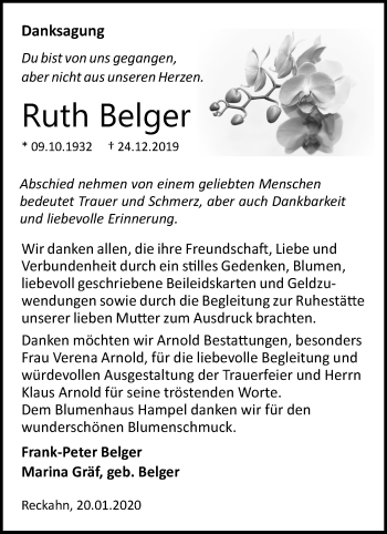 Traueranzeige von Ruth Belger von Märkische Oderzeitung