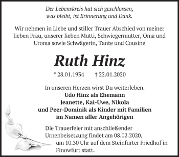 Traueranzeige von Ruth Hinz von Märkische Oderzeitung