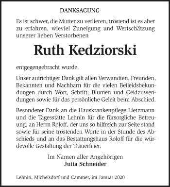 Traueranzeige von Ruth Kedziorski von Märkische Oderzeitung