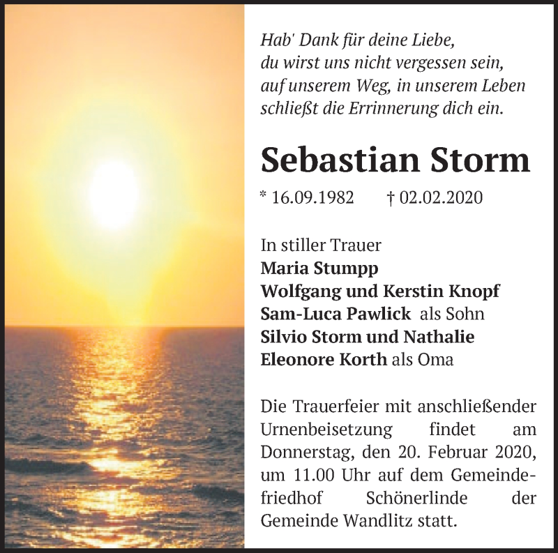  Traueranzeige für Sebastian Storm vom 16.02.2020 aus Märkische Oderzeitung