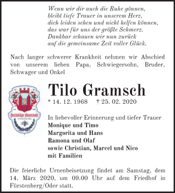 Traueranzeige von Tilo Gramsch von Märkische Oderzeitung