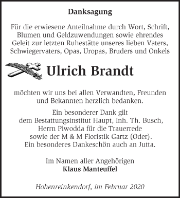 Traueranzeige von Ulrich Brandt von Märkische Oderzeitung