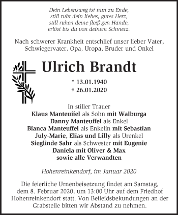 Traueranzeige von Ulrich Brandt von Märkische Oderzeitung