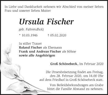 Traueranzeige von Ursula Fischer von Märkische Oderzeitung