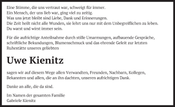 Traueranzeige von Uwe Kienitz von Märkische Oderzeitung