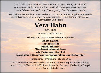 Traueranzeige von Vera Hahn von Märkische Oderzeitung