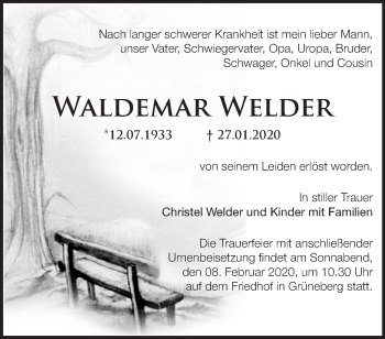 Traueranzeige von Waldemar Welder von Märkische Oderzeitung