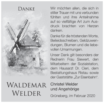 Traueranzeige von Waldemar Welder von Märkische Oderzeitung