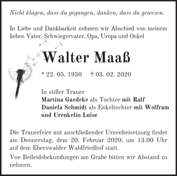 Traueranzeige von Walter Maaß von Märkische Oderzeitung