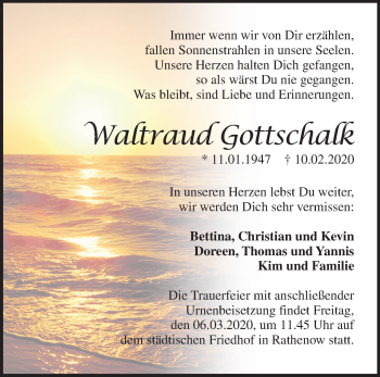 Traueranzeige von Waltraud Gottschalk von Märkische Oderzeitung