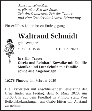 Traueranzeige von Waltraud Schmidt von Märkische Oderzeitung