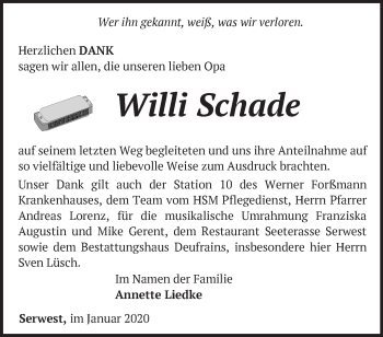 Traueranzeige von Willi Schade von Märkische Oderzeitung