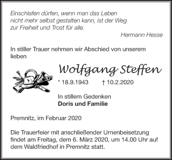 Traueranzeige von Wolfgang Steffen von Märkische Oderzeitung