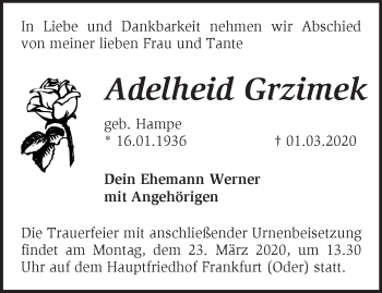 Traueranzeige von Adelheid Grzimek von Märkische Oderzeitung