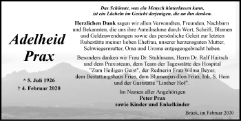 Traueranzeige von Adelheid Prax von Märkische Oderzeitung