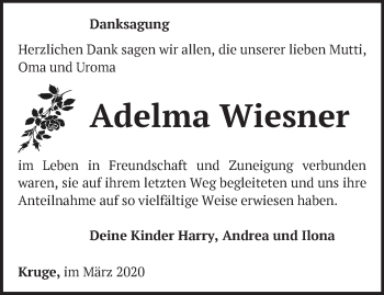 Traueranzeige von Adelma Wiesner von Märkische Oderzeitung