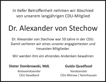 Traueranzeige von Alexander von Stechow von Märkische Oderzeitung