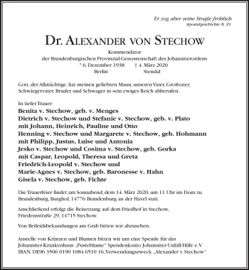 Traueranzeige von Alexander von Stechow von Märkische Oderzeitung