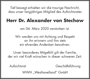 Traueranzeige von Alexander von Stechow von Märkische Oderzeitung