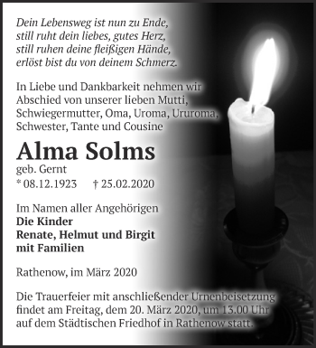 Traueranzeige von Alma Solms von Märkische Oderzeitung