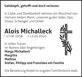 Traueranzeige von Alois Michalleck von Märkische Oderzeitung