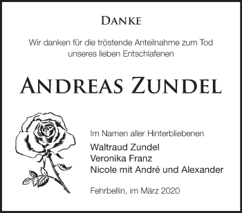 Traueranzeige von Andreas Zundel von Märkische Oderzeitung