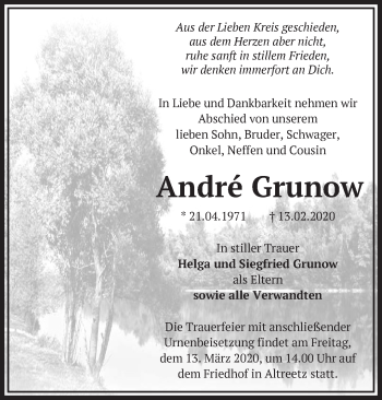 Traueranzeige von André Grunow von Märkische Oderzeitung