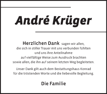 Traueranzeige von André Krüger von Märkische Oderzeitung