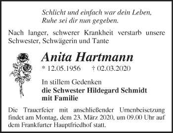 Traueranzeige von Anita Hartmann von Märkische Oderzeitung