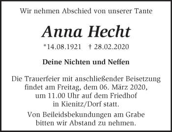 Traueranzeige von Anna Hecht von Märkische Oderzeitung