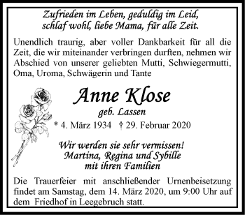 Traueranzeige von Anne Klose von Märkische Oderzeitung