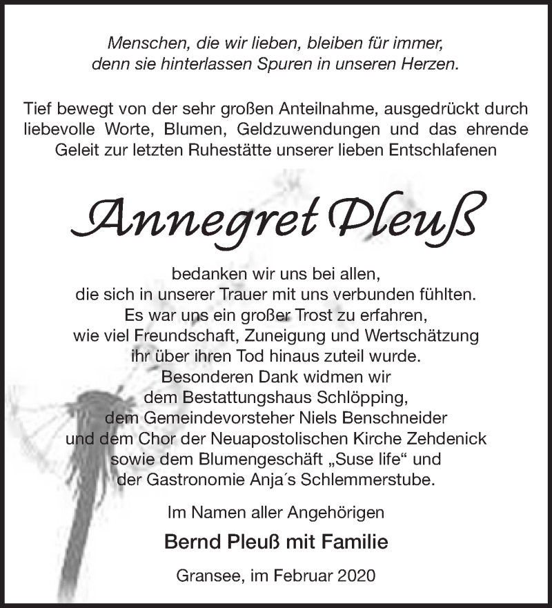  Traueranzeige für Annegret Pleuß vom 07.03.2020 aus Märkische Oderzeitung