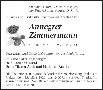 Traueranzeige von Annegret Zimmermann von Märkische Oderzeitung