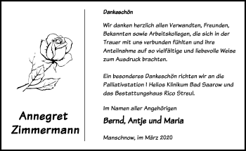 Traueranzeige von Annegret Zimmermann von Märkische Oderzeitung