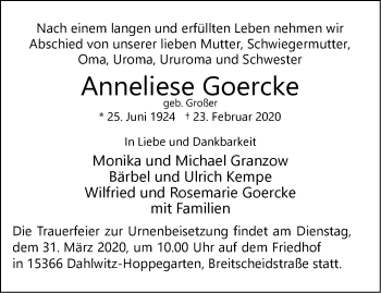 Traueranzeige von Anneliese Goercke von Märkische Oderzeitung