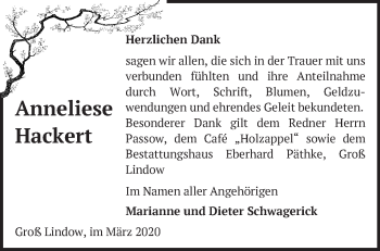 Traueranzeige von Anneliese Hackert von Märkische Oderzeitung