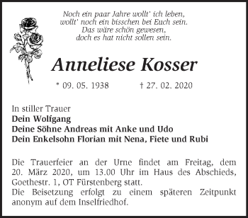 Traueranzeige von Anneliese Kosser von Märkische Oderzeitung