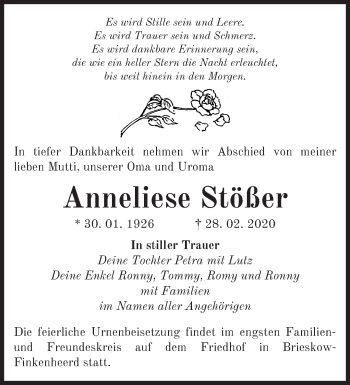 Traueranzeige von Anneliese Stößer von Märkische Oderzeitung