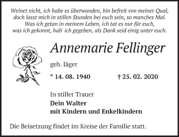 Traueranzeige von Annemarie Fellinger von Märkische Oderzeitung