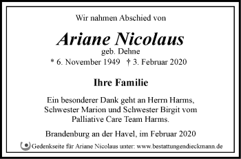 Traueranzeige von Ariane Nicolaus von Märkische Oderzeitung