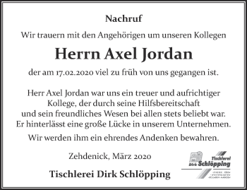 Traueranzeige von Axel Jordan von Märkische Oderzeitung