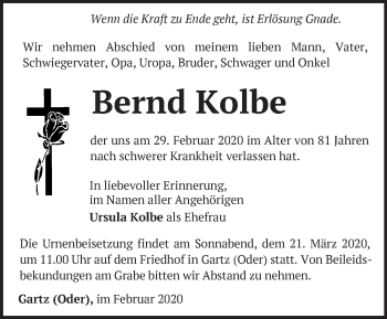 Traueranzeige von Bernd Kolbe von Märkische Oderzeitung