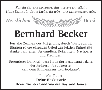 Traueranzeige von Bernhard Becker von Märkische Oderzeitung