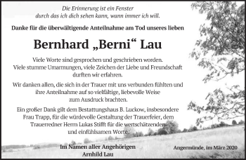 Traueranzeige von Bernhard Lau von Märkische Oderzeitung