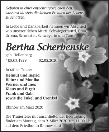 Traueranzeige von Bertha Scherbenske von Märkische Oderzeitung