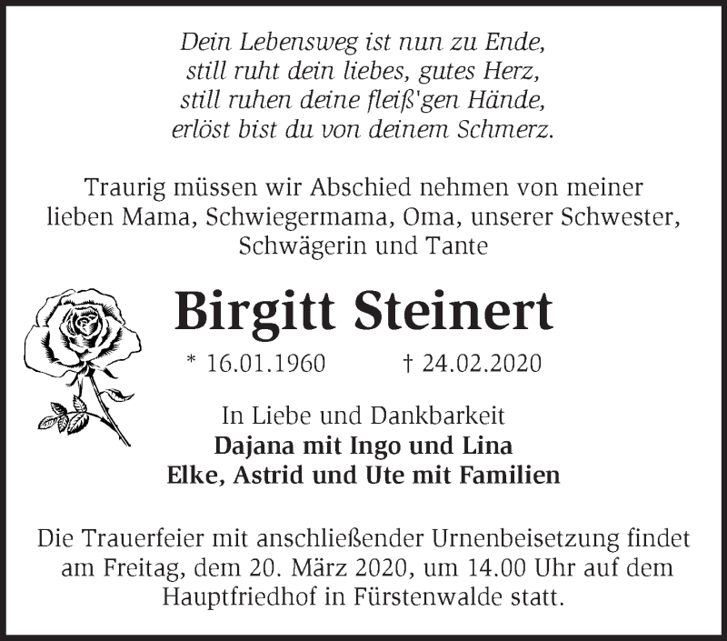  Traueranzeige für Birgitt Steinert vom 07.03.2020 aus Märkische Oderzeitung