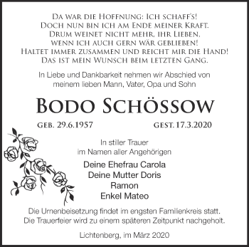 Traueranzeige von Bodo Schössow von Märkische Oderzeitung